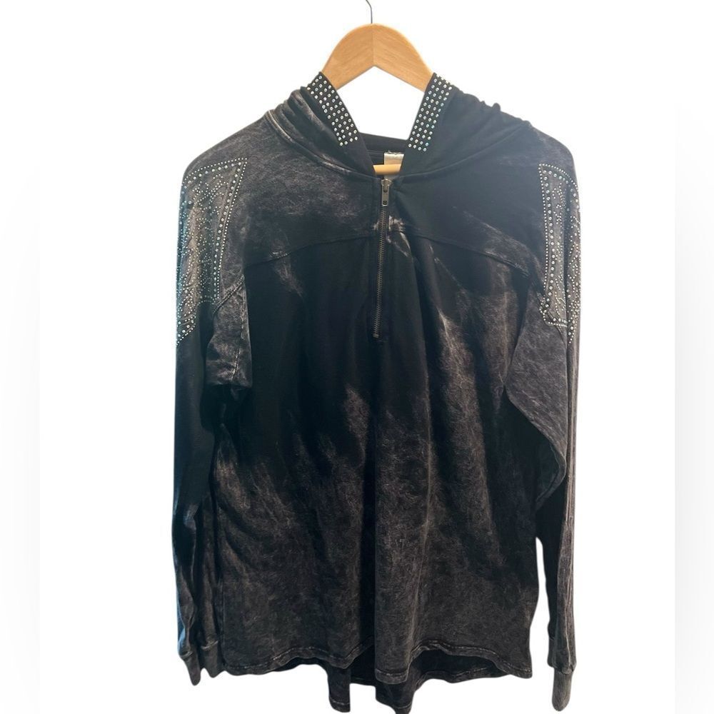 Vocal California Black Mineral Wash Rhinestone Half Zip Hoodie Women’s XL